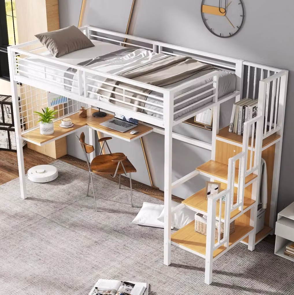 Letto a soppalco Beaok in metallo e legno con scrivania, armadio e scale, bianco naturale, L: 200 cm, P: 90 cm – 2
