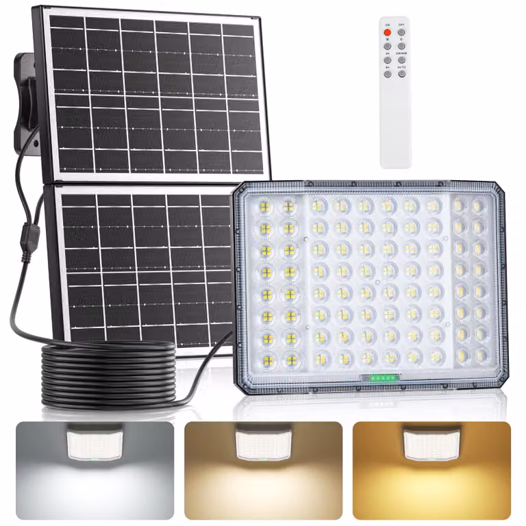 Faretto solare a LED con telecomando, dimmerabile, batteria da 15000 mAh, grado di protezione IP66, colore nero