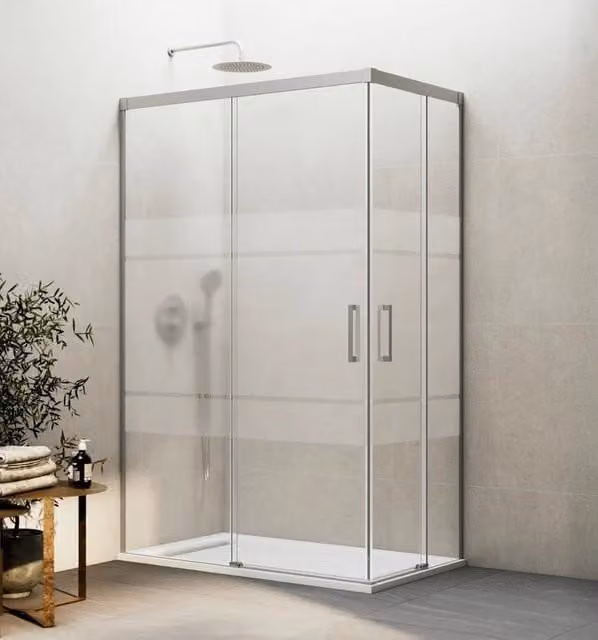 Box doccia angolare BASI con apertura al vertice, vetro satinato e finitura argento, L 100 cm x P 80 cm