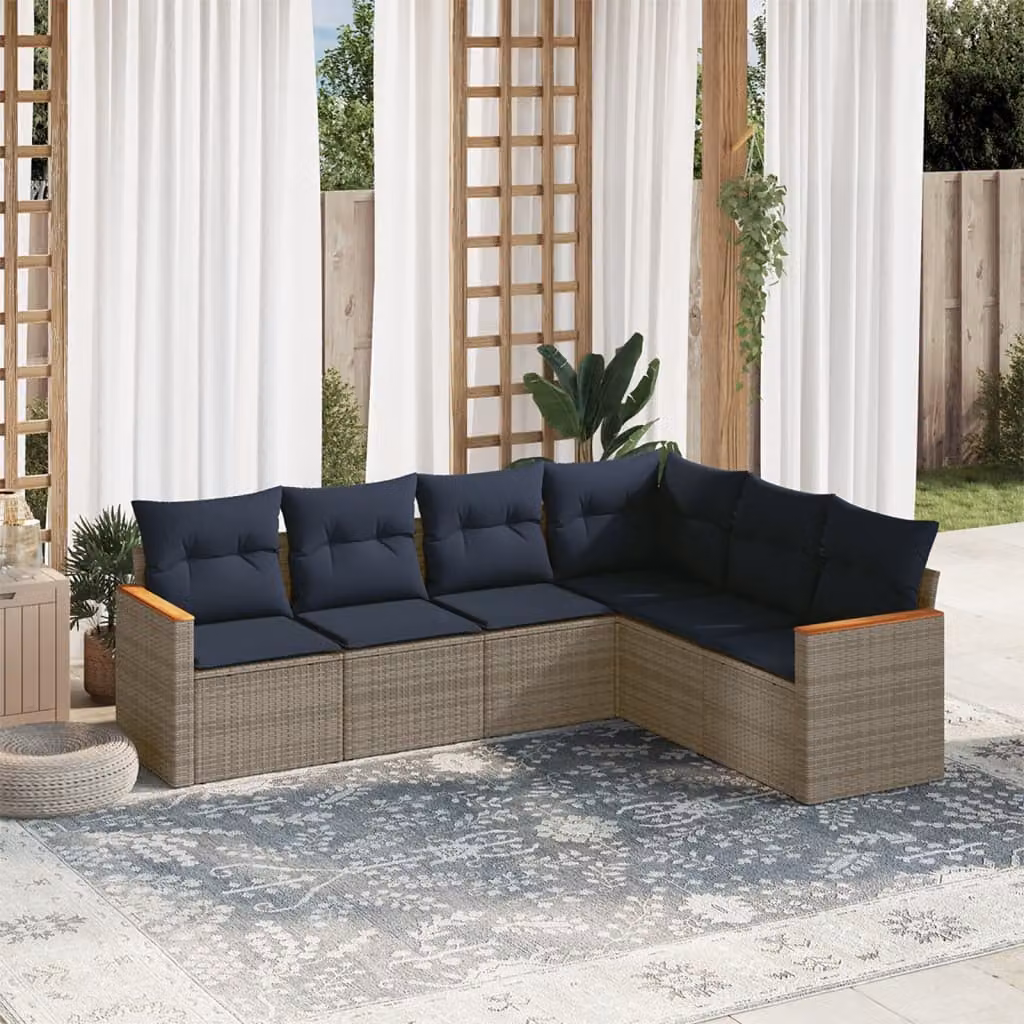 Set di divani da giardino vidaXL 6 pz in rattan con cuscini grigi e blu e struttura in acciaio rivestito in polvere