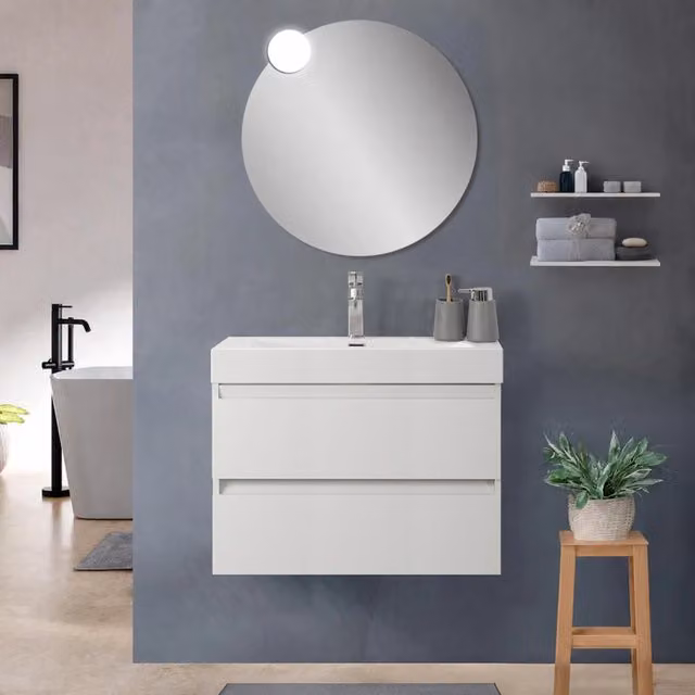 Mobile bagno sospeso 80 cm bianco lucido con due cassetti e lavabo alto in resina Leda