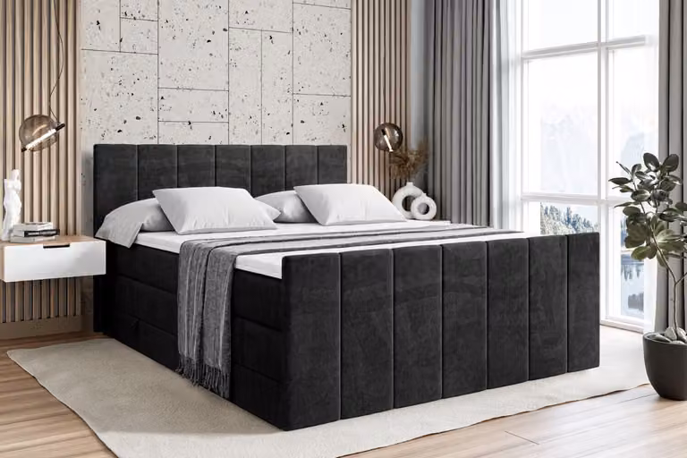 Letto boxspring ALTDECOR con pediera, 2 materassi e topper - 180x200 cm - MOETI-Z KING - Velluto nero - Letto imbottito con materassi H3 e H4, contenitore e rete a doghe, letto con spazio contenitivo