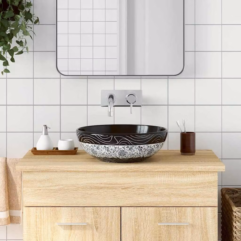 Lavabo da appoggio rotondo vidaXL in ceramica nero e blu, Diametro: 41 cm, Altezza: 14 cm