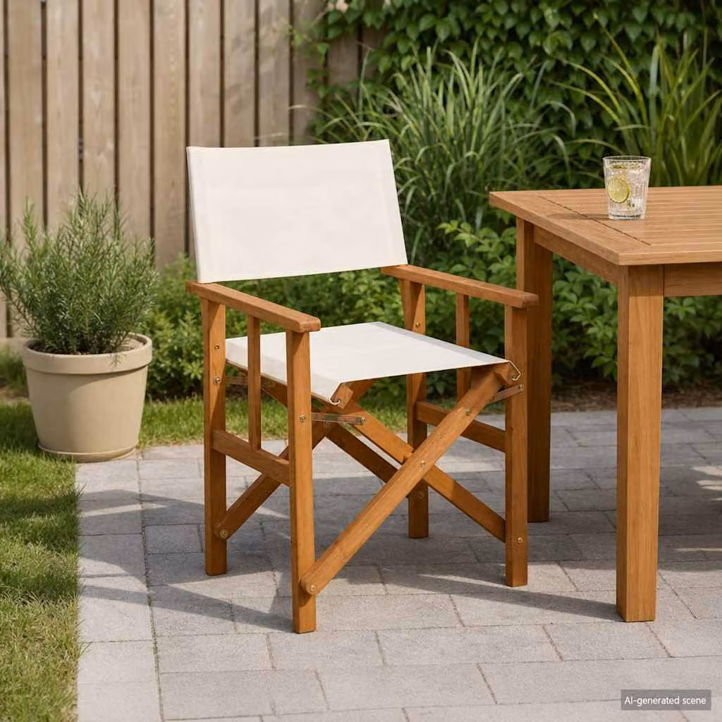 Sedia da regista vidaXL in legno di acacia oliato con braccioli e tessuto resistente ai raggi UV disponibile in marrone, beige o bianco