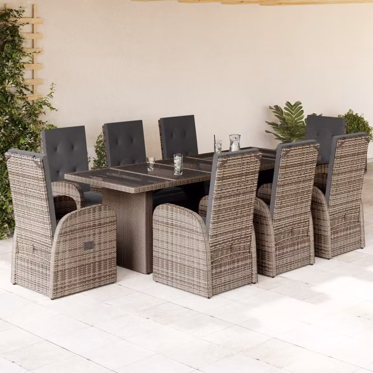 vidaXL Set da Pranzo da Giardino 9 pz in Polyrattan Grigio con Piano in Vetro