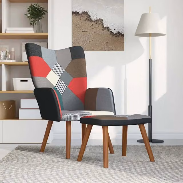 Poltrona Relax con Poggiapiedi in Tessuto Patchwork Multicolore Design Moderno con Struttura Integrata
