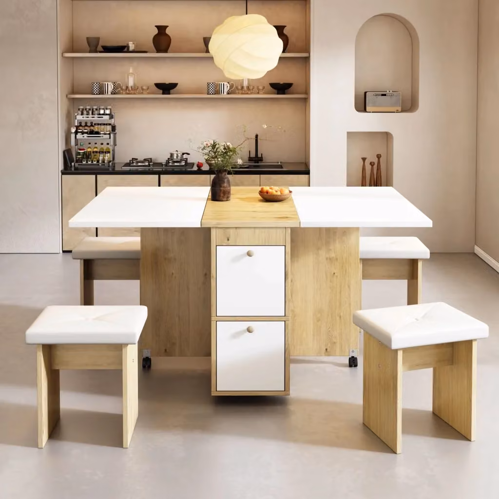 Set tavolo da pranzo OKWISH con 4 sedie pieghevoli multifunzione in truciolare bianco e rovere L: 120 cm, P: 80 cm, H: 75 cm – 2