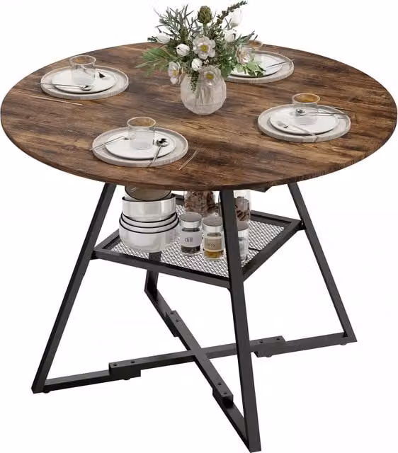 Tavolo da pranzo rotondo XYLO in legno marrone rustico con ripiano portaoggetti, ideale per 4 persone