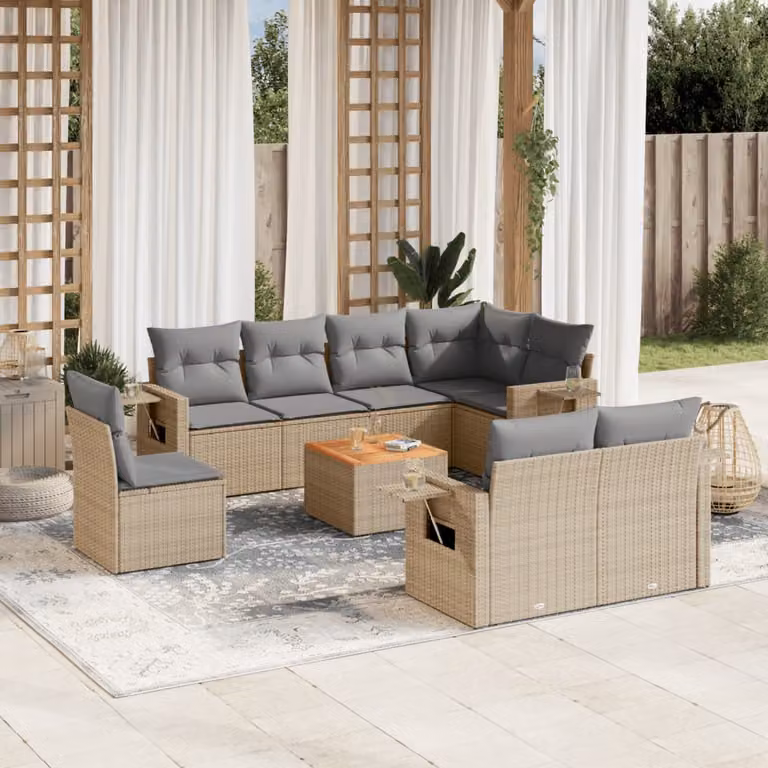 vidaXL Set Divano da Giardino 9 pz a L in Polyrattan con Cuscini Beige e Grigio