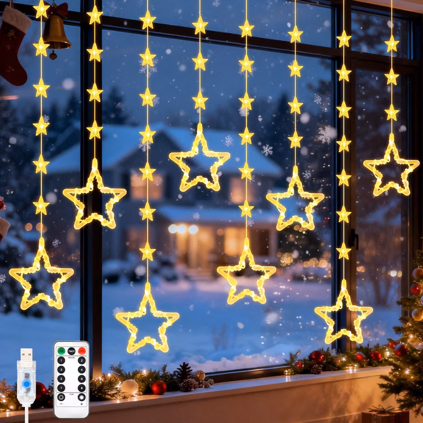 Tenda luminosa con stelle, 2 metri, 80 LED, luce bianco caldo, alimentazione USB, grado di protezione IP44