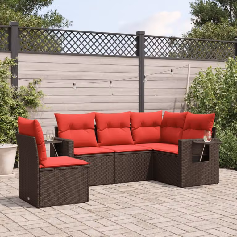Set di divani da giardino vidaXL a forma di L composto da 5 pezzi con cuscini marroni in polyrattan e struttura in metallo