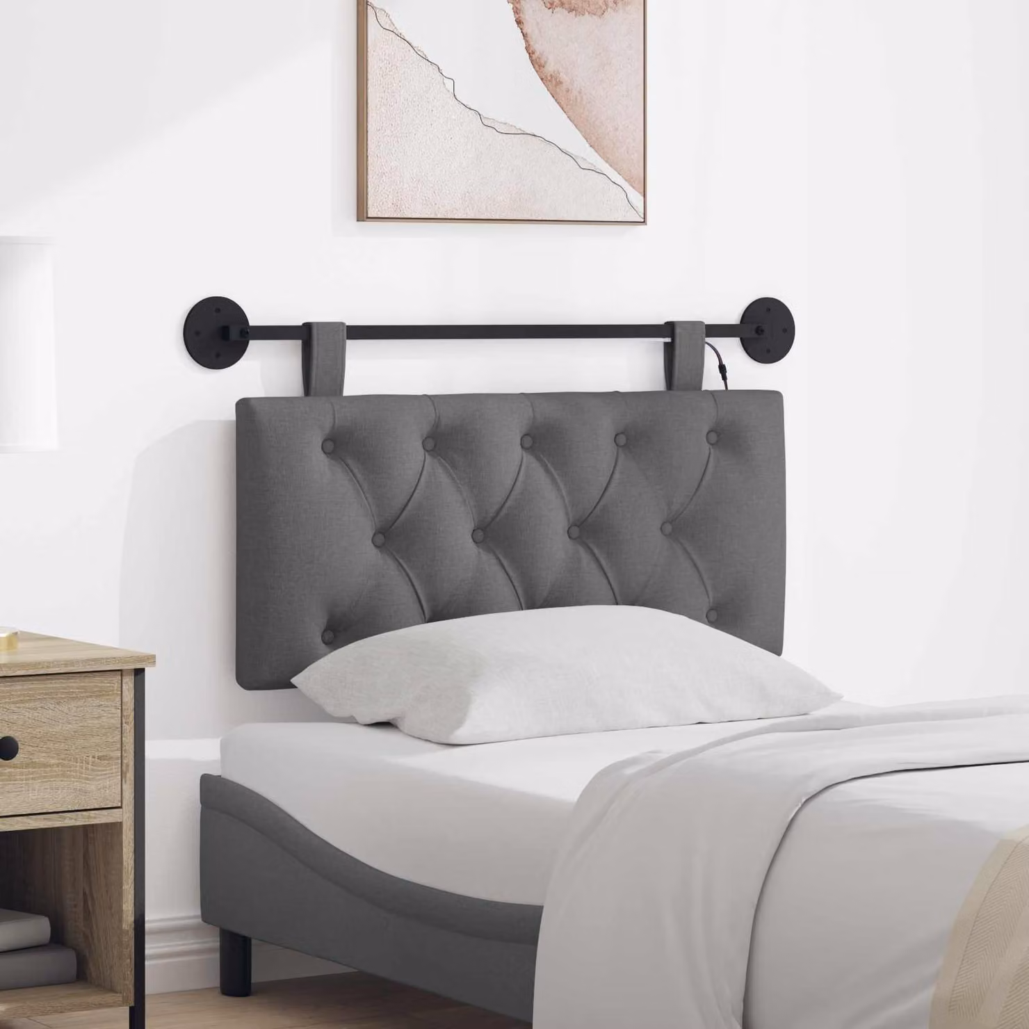 vidaXL Testiera per letto sospesa con luce LED integrata in tessuto grigio scuro