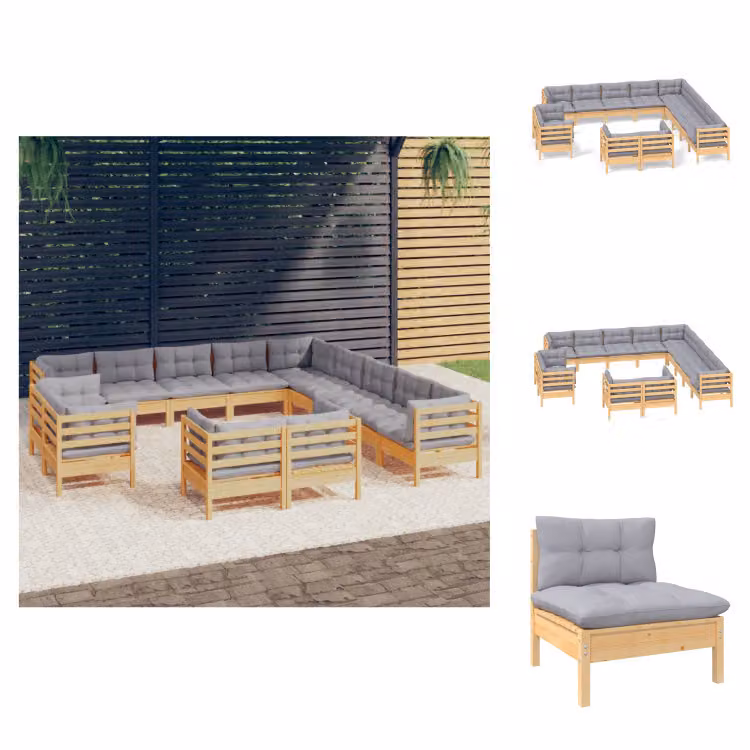 vidaXL Set di 13 pezzi da giardino con cuscini grigi in legno di pino massiccio - Set di mobili da giardino
