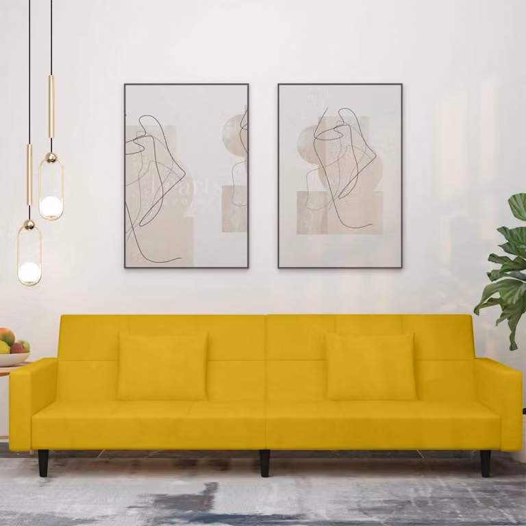 vidaXL Divano Letto Click-Clack a 2 Posti in Velluto Giallo con Cuscini e Struttura in Legno Solido