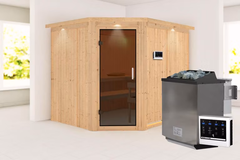 Karibu sauna cabina interna Malin sauna interna 3 panche in legno, cabina sauna con spessore parete 68 mm, sauna a vapore con materiale di montaggio