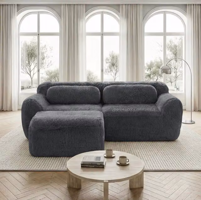 Divano angolare modulare 204x179x73 cm in tessuto plush grigio; senza montaggio