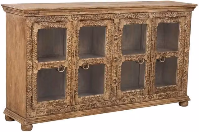 Credenza Wanderlust Deco in legno di mango marrone con dettagli floreali e vetro L: 180 cm, P: 43 cm, H: 100 cm
