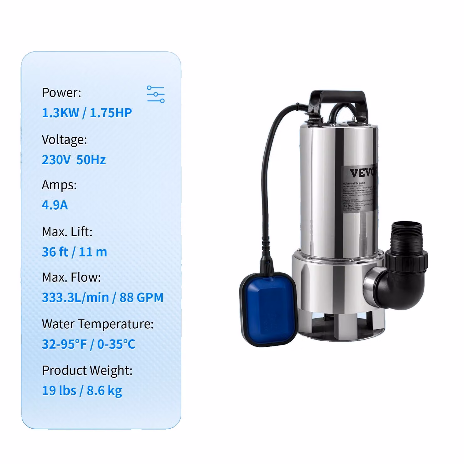 Pompe sommergibili, potenza 1100W, capacità di pompaggio 1,5 CV; 1300W, 1,75 CV