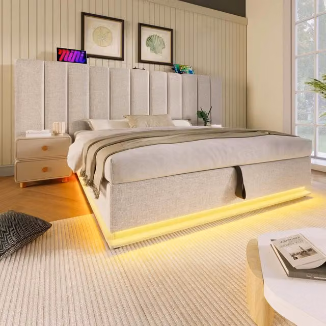 Letto contenitore Mivray in lino beige con illuminazione LED e porte di ricarica USB, L/P: 180 x 200 cm