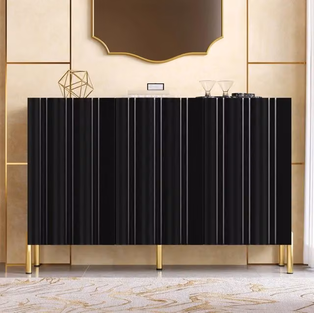 Sideboard Nero 120x35,5x80 cm con 3 Ante, Piedini in Metallo Dorato, Ripiani Regolabili, Chiusura Ammortizzata