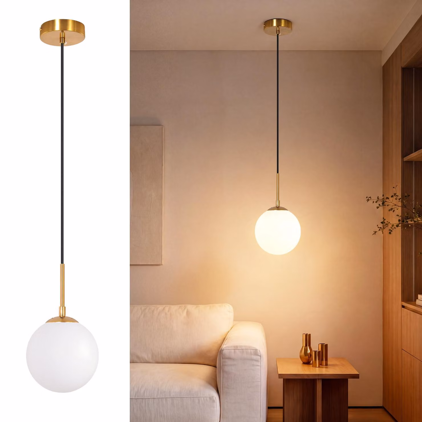 Lampada a sospensione ZMH, attacco G9, una luce, vetro, ideale per la camera da letto, tavolo da pranzo, design moderno, lampada a sospensione per sala da pranzo, soggiorno, cucina, vetro opale, finitura dorata, lampada a sfera per cucina