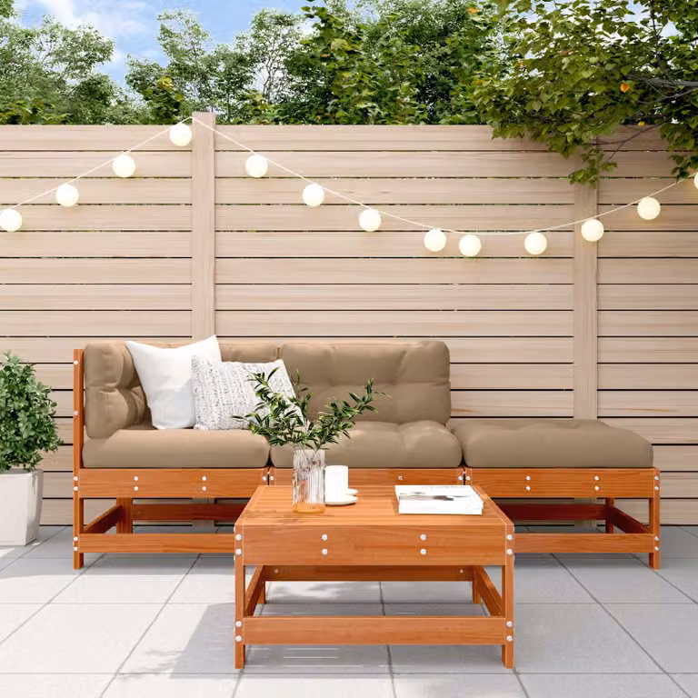 Set Lounge da Giardino vidaXL 4 pz in Legno di Pino Cerato Marrone con Divano a L, Tavolino, Elemento Angolare e Pouf e Cuscini Inclusi
