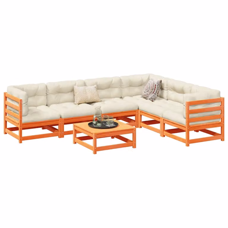 Set di divani da giardino vidaXL in legno massello di pino con cuscini, 7 pezzi, marrone e beige, design a L con stile rustico
