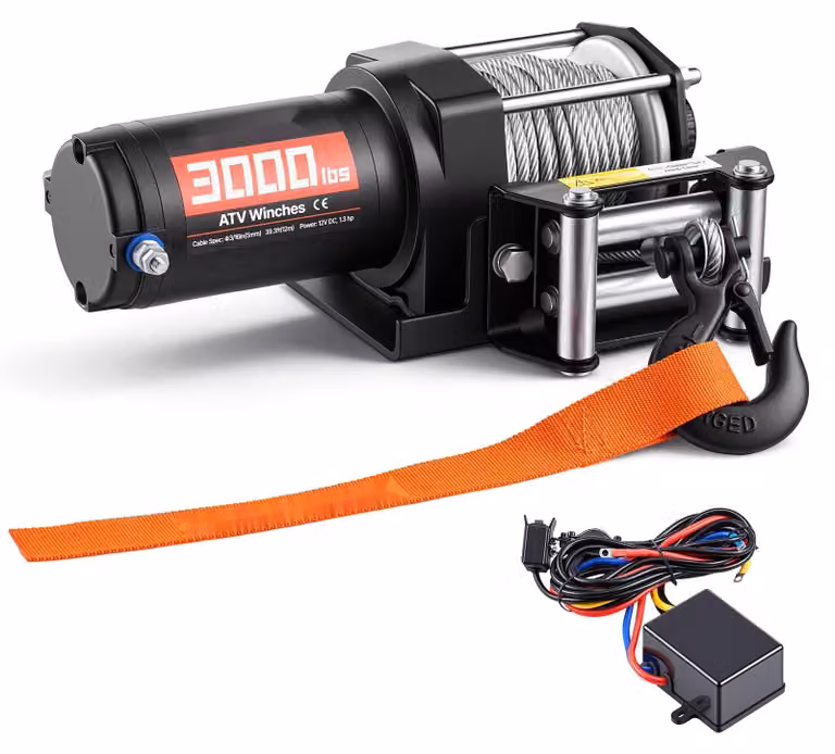 Verricelli elettrici - Verricelli da 12 V - Capacità di traino: 1360 kg - Cavo in acciaio da 12 metri, diametro 4,7 mm - Grado di protezione IP55 - Alloggiamento in alluminio - Telecomando cablato - Adatti per ATV/UTV/Quad - Colore nero