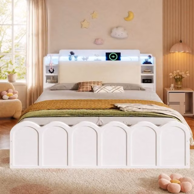 Letto contenitore 140 × 200 cm con vano idraulico testiera imbottita LED porte USB e USB-C bianco