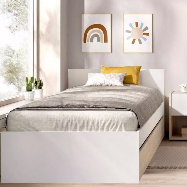 Letto singolo Pakhar DMORA con cassetti, struttura moderna in bianco e rovere, L/P/H: 90 x 190 x 67 cm
