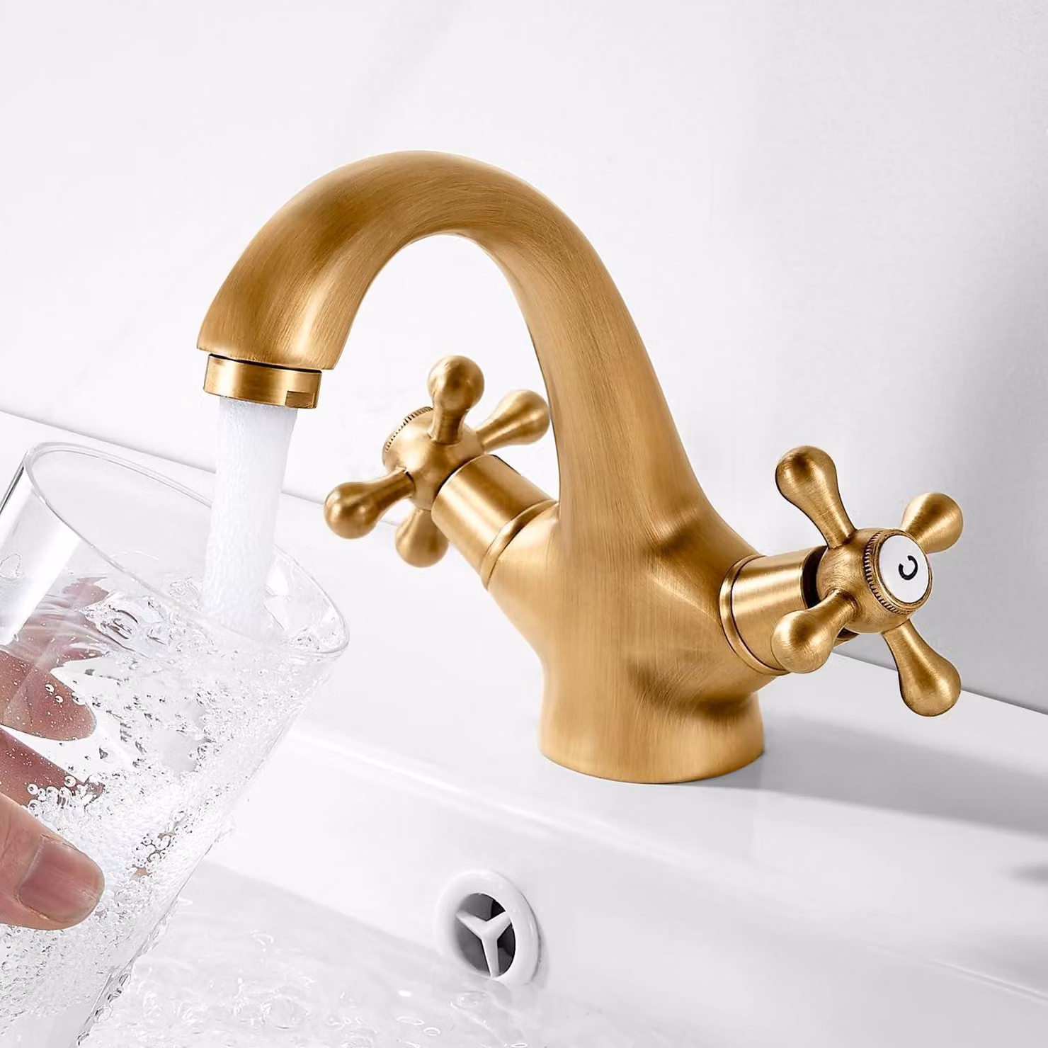 Miscelatore per lavabo, stile antico, in ottone, con due maniglie e cartuccia in Vetroceramica
