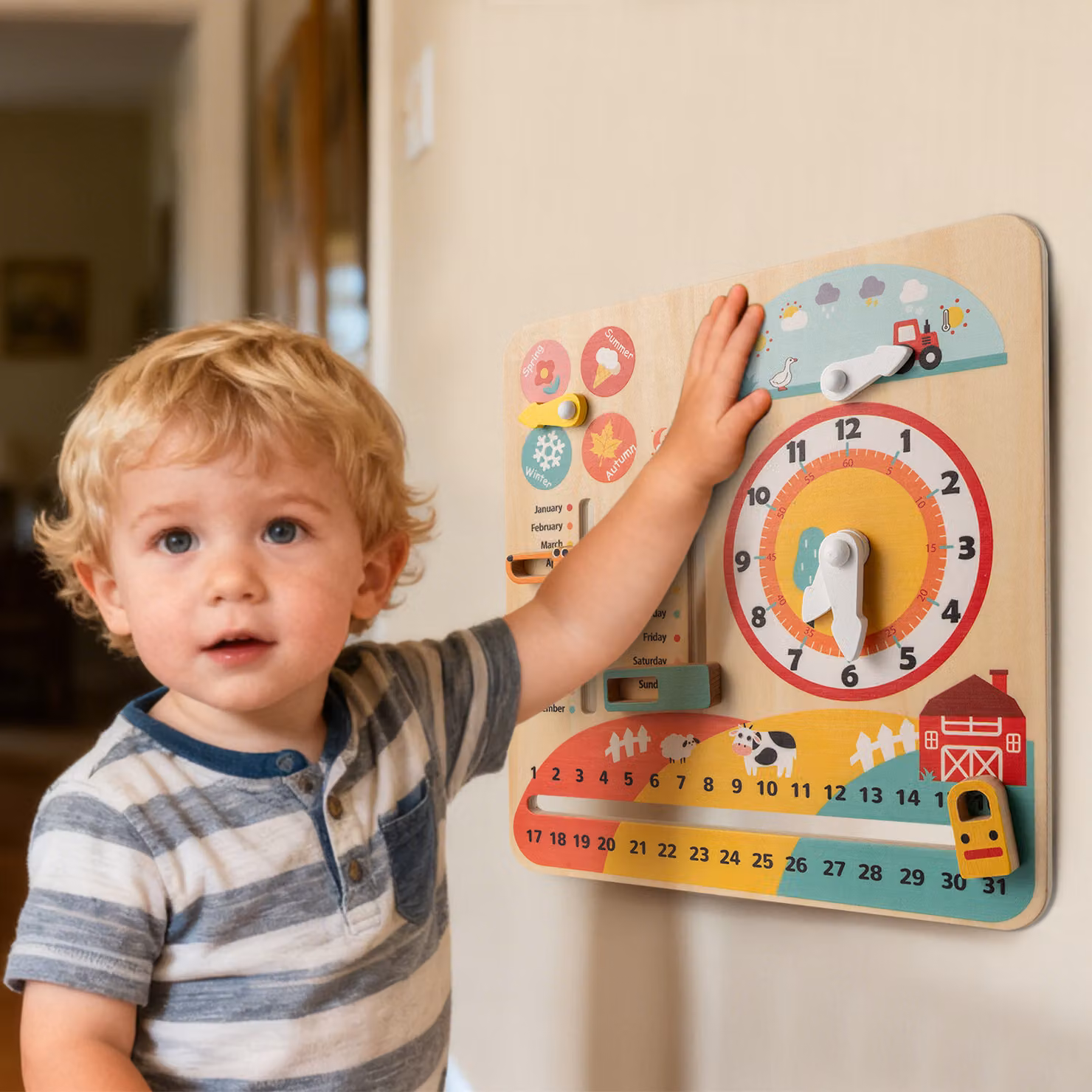 Costway Set di 2 giocattoli Montessori in legno multicolore con orologio educativo, calendario giornaliero e apprendimento di stagioni, meteo e concetti matematici