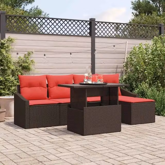 Set Divano da Giardino 6 pz Marrone e Rosso polyrattan 3348990