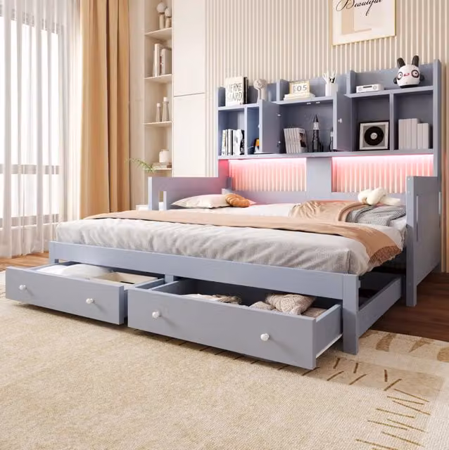 Divano letto estraibile in compensato e MDF grigio con 2 cassetti; LED e presa; 90x190 cm