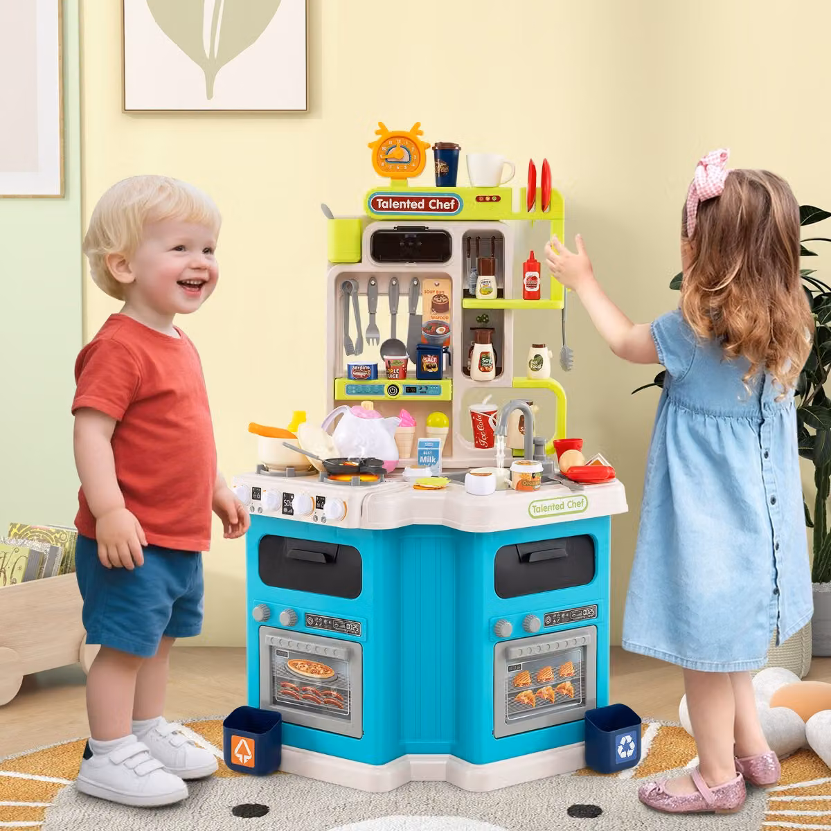 Cucina da gioco angolare Costway in legno con 75 accessori, suoni e luci, colore blu per bambini dai 3 anni in su
