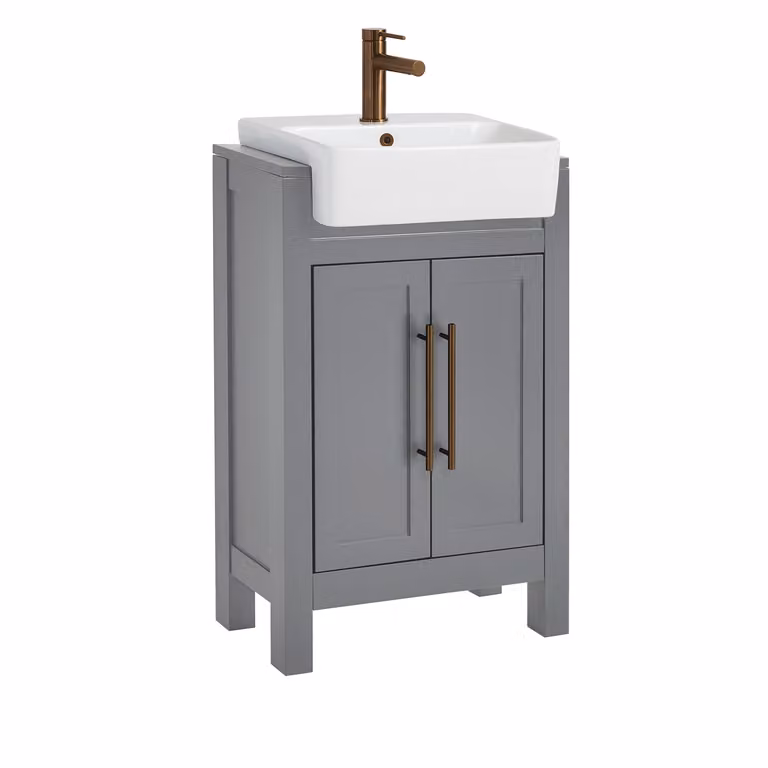 Mobile Bagno Grigio Chiaro da 550mm con Lavabo e Maniglia Moderna con Barra a T in Rame Satinato - Warwick