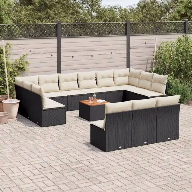 Set di Divani da Giardino a Forma di U con Cuscini vidaXL in Polyrattan Nero e Legno di Acacia – 1