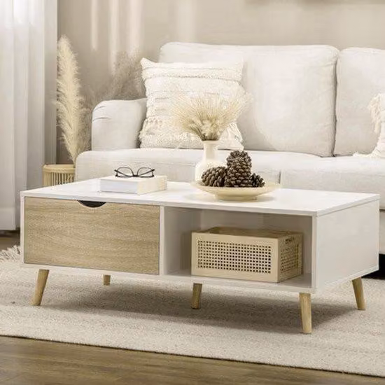 Tavolino alto – Tavolino da divano – Tavolino bianco con cassetti e spazio contenitivo – Design alto per una facile pulizia – 106 x 58 x 39,5 cm – Legno con rivestimento in melamina