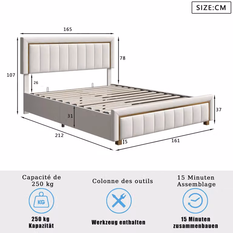 Letto imbottito - Struttura del letto - 160 x 200 cm - Spazio contenitore con sistema idraulico - Retino - Testiera imbottita a righe verticali - Velluto - Bianco panna