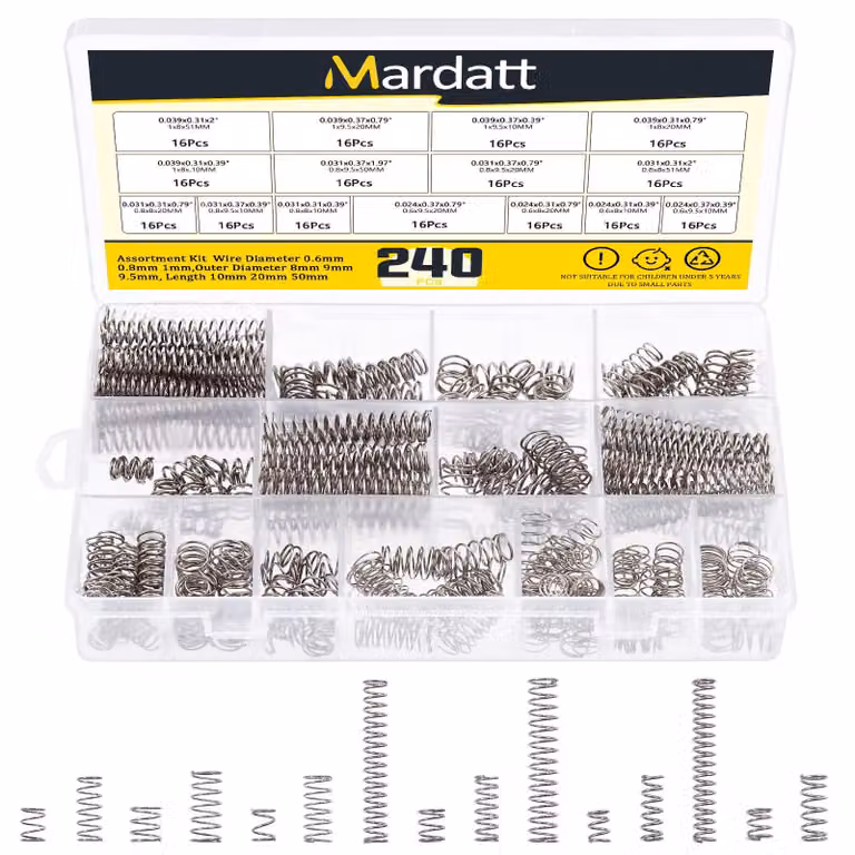 Assortimento di molle a compressione, 240 pezzi, 15 dimensioni, acciaio inossidabile, 0,6–1 mm