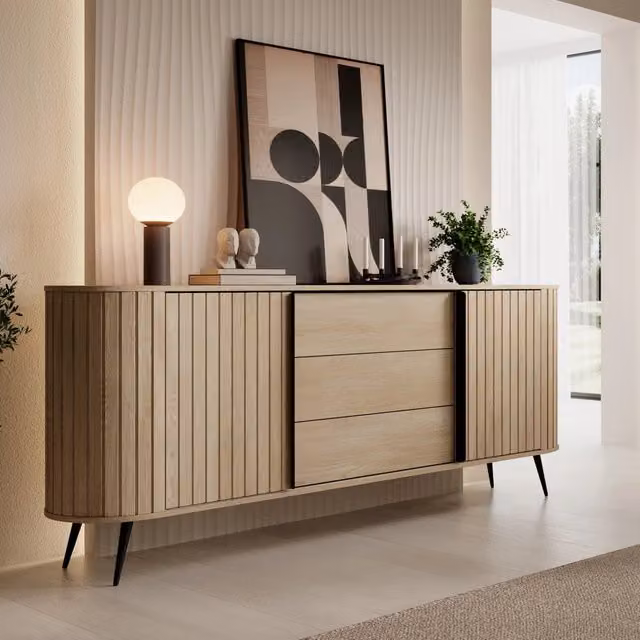 Madia Hanira, Credenza 3 Cassetti, 196x40x82h cm Marrone Rovere
