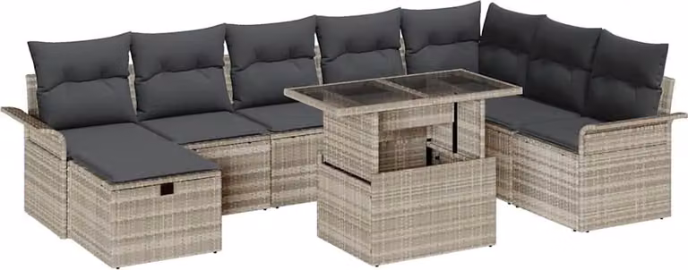 Set Divano da Giardino 9 pcs Grigio chiaro Poly Rattan