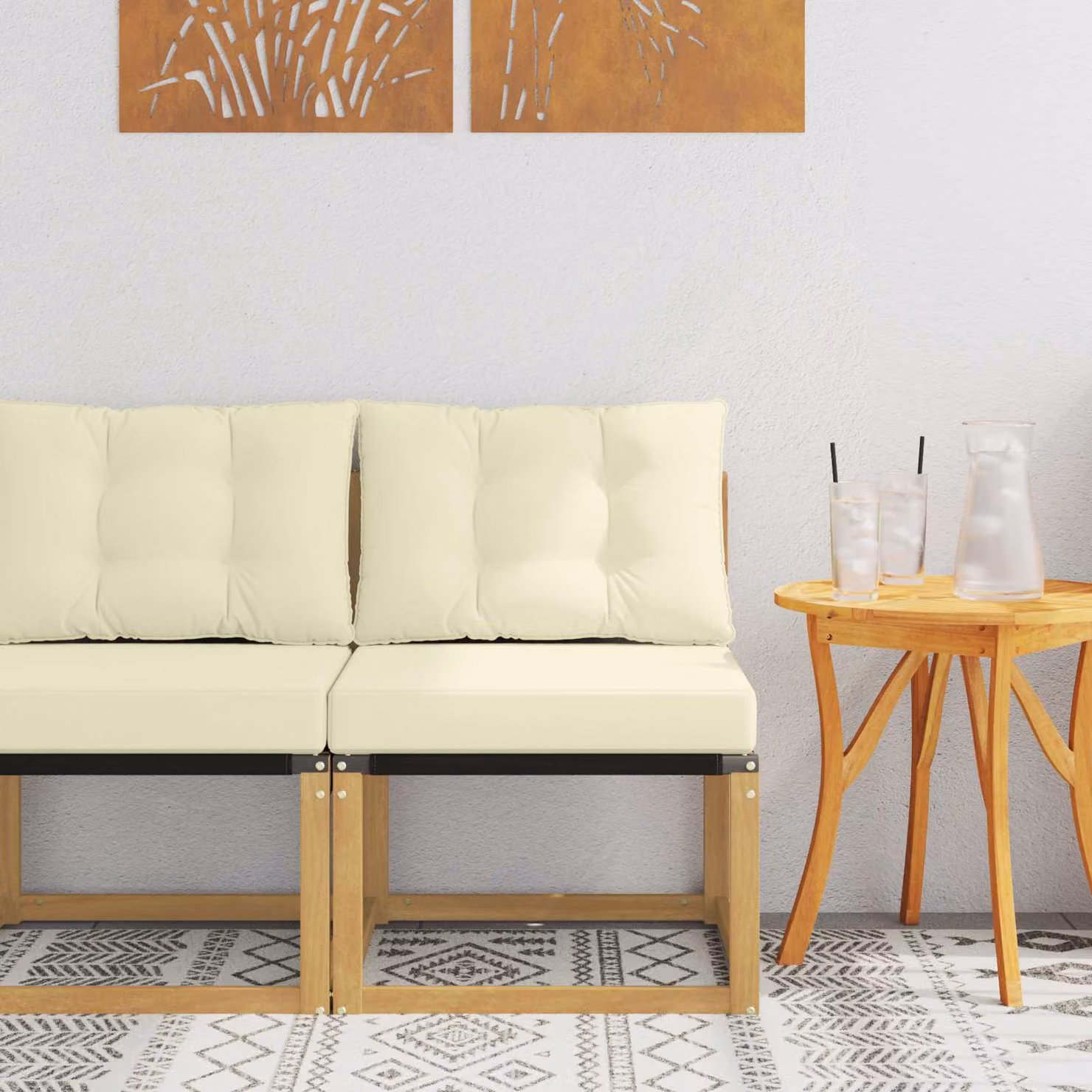 Divano centrale da esterno vidaXL in legno di acacia con cuscini in tessuto beige e bianco