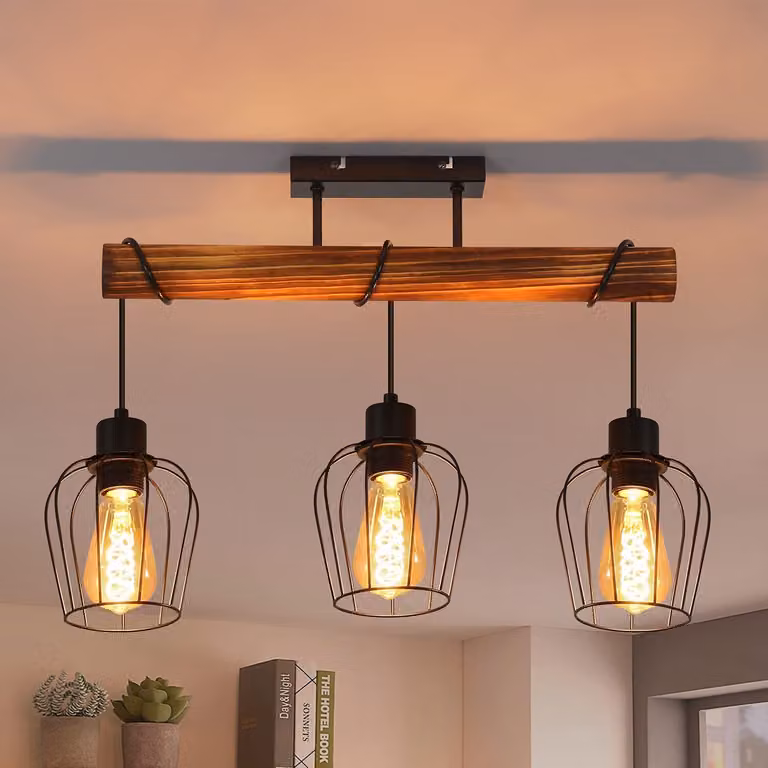 ZMH Lampada da soffitto a 3 luci in legno, lampada da soggiorno in stile industriale con faretti regolabili in altezza, metallo e legno, nera, E27, vintage