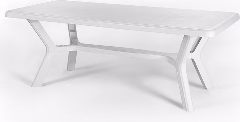 Tavolo rettangolare da esterno 200x95 cm in polipropilene con gambe incrociate, struttura rinforzata in metallo e apertura per ombrellone - SAMUEL - Bianco