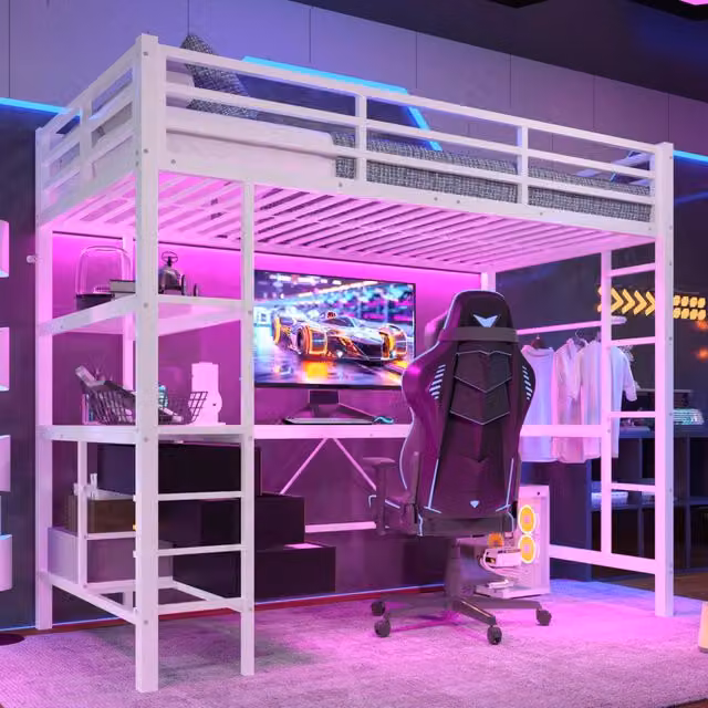 Letto a soppalco 90×200 cm con scrivania, LED, presa USB, 3 cassetti e mensole, senza materasso, bianco