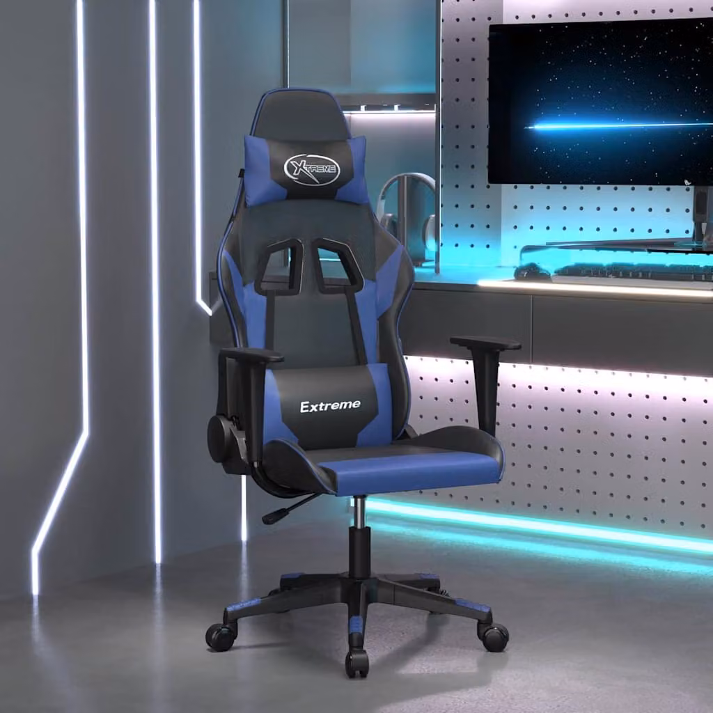 Sedia da Gaming vidaXL Multicolore Nera e Blu in Similpelle con Poggiatesta e Ruote