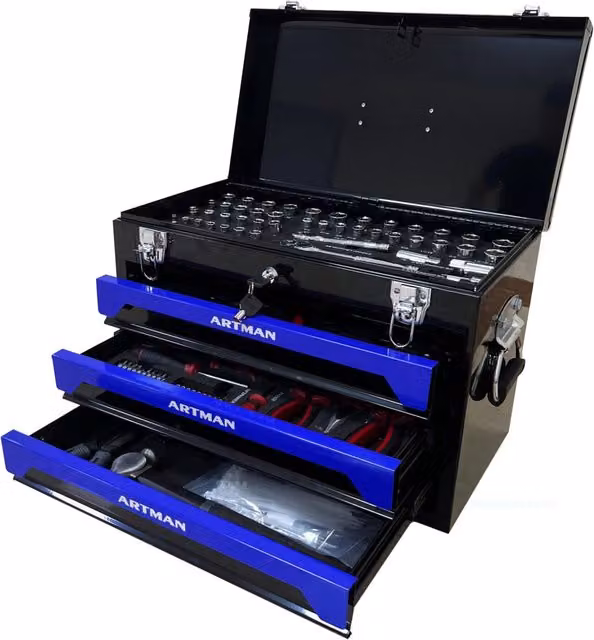 Cassetta degli attrezzi in acciaio 508 mm (20 pollici), 3 cassetti, chiusure in metallo, maniglia, nero-blu