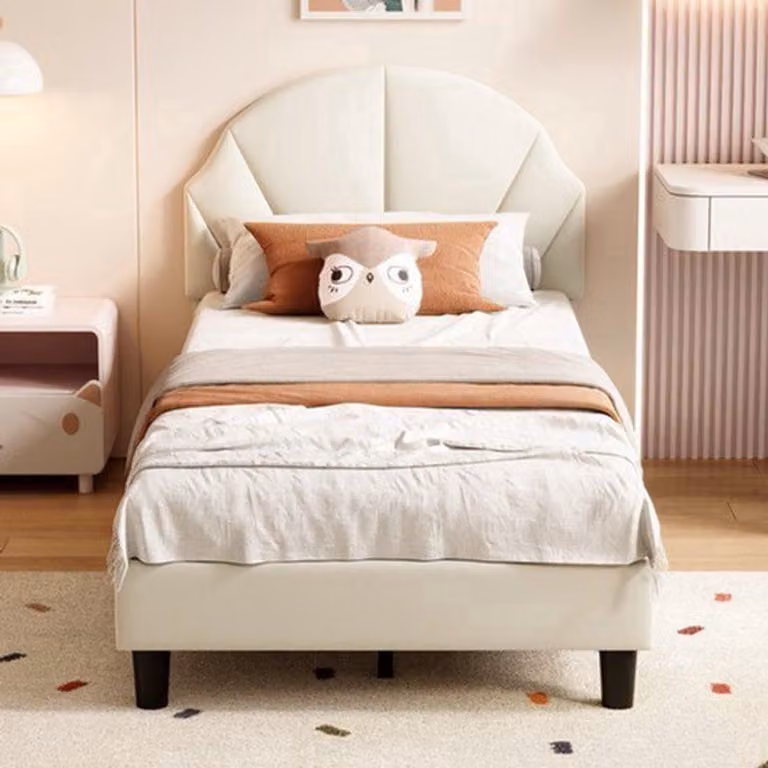 Letto singolo - 90 x 200 cm - Rivestimento in velluto beige - Con rete a listelli - Aspetto elegante