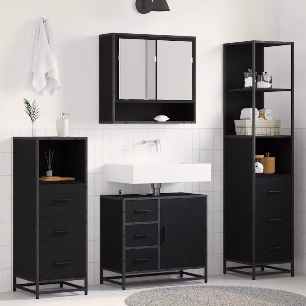 Set di mobili per il bagno vidaXL 4 pezzi in rovere e nero con armadietto specchio, mobile lavabo, mobile laterale e colonna alta L/P/H: 65 x 33 x 166 cm – 1